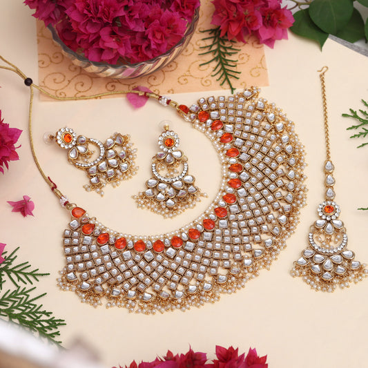 Dark Peach Color Kundan Necklace Set (KN1026DPCH) - Preyans.com