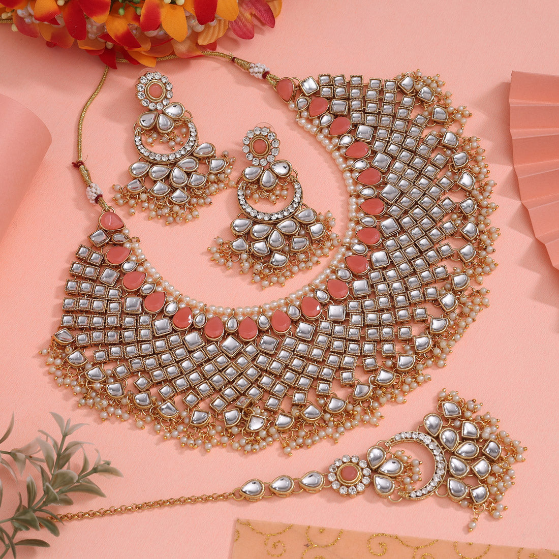 Peach Color Kundan Necklace Set (KN1026PCH) - eindiawholesale.com