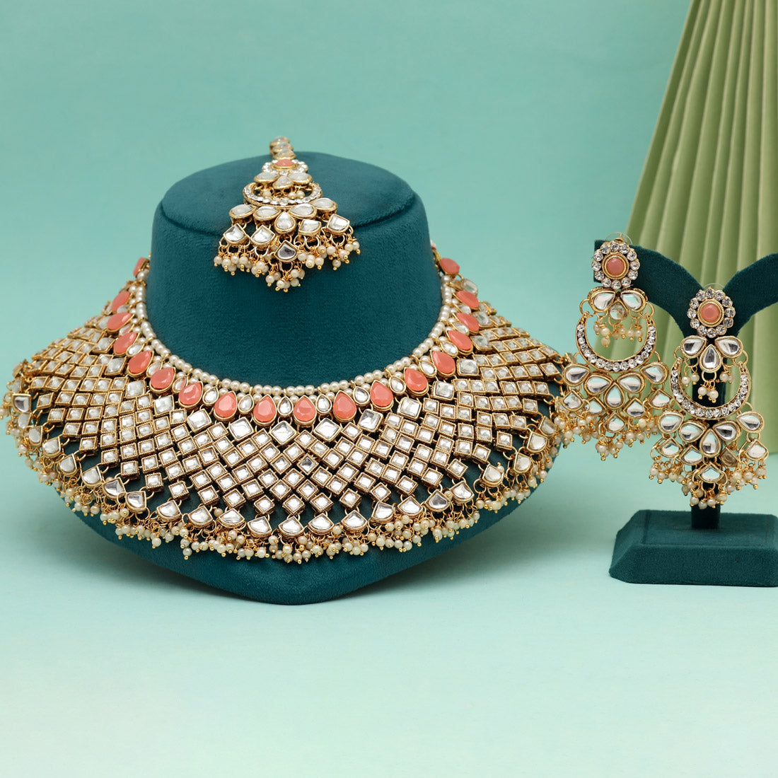 Peach Color Kundan Necklace Set (KN1026PCH) - eindiawholesale.com