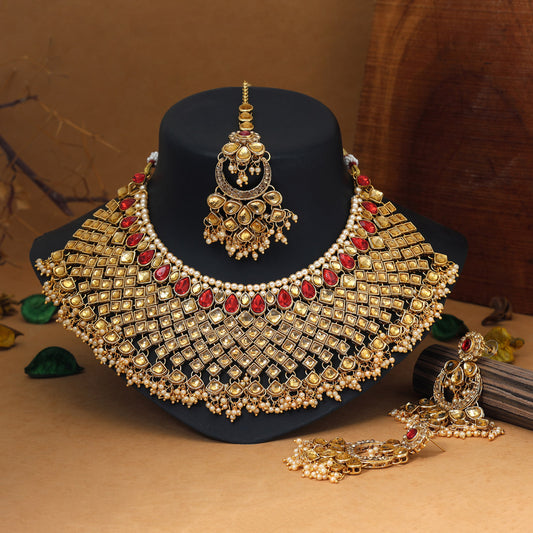 Red & Gold Color Kundan Necklace Set (KN1026REDGLD) - Preyans.com