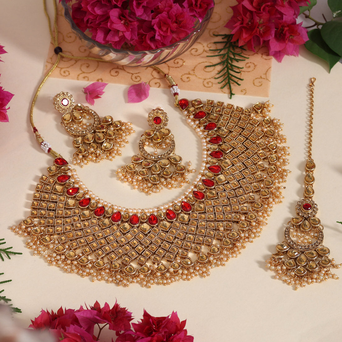 Red & Gold Color Kundan Necklace Set (KN1026REDGLD) - Preyans.com