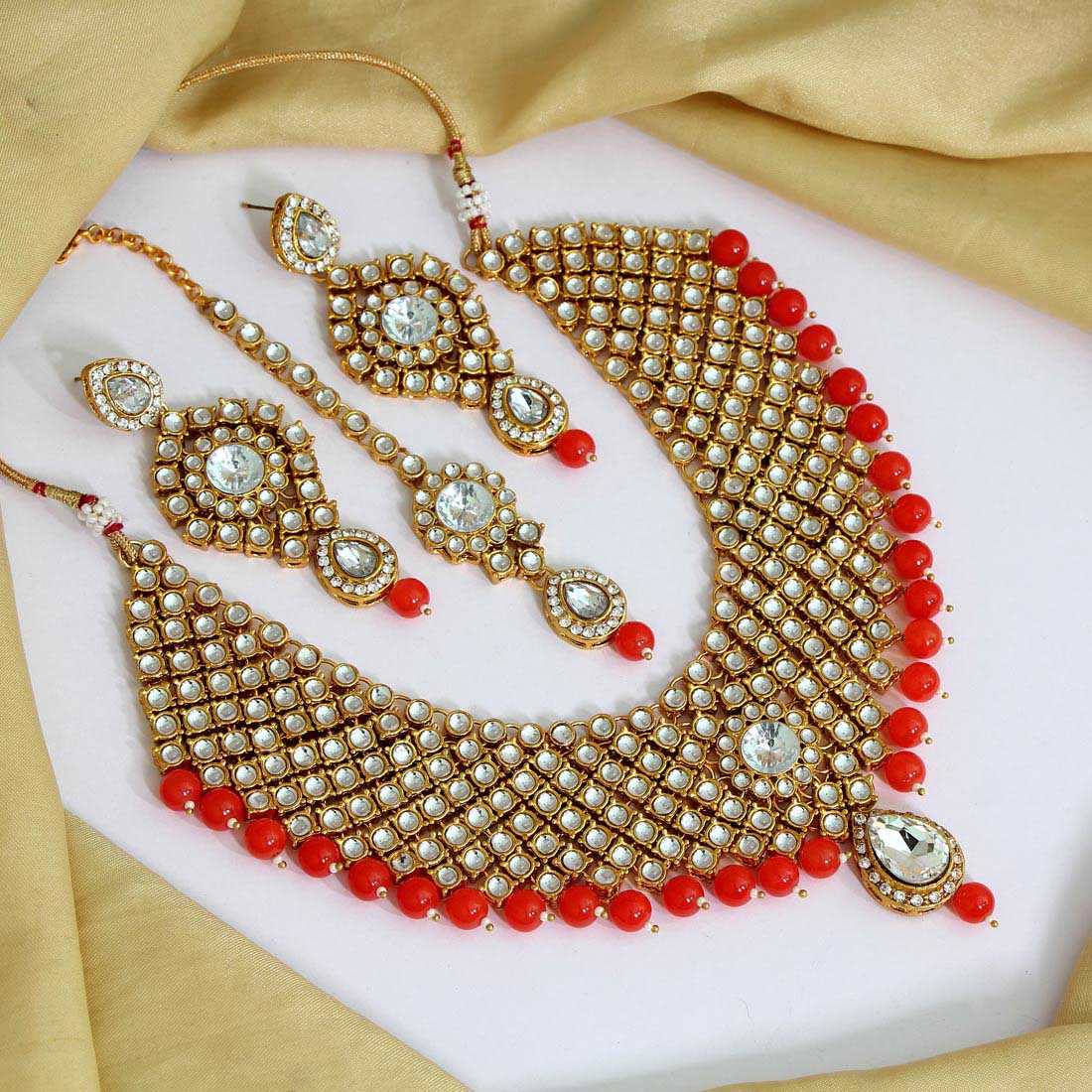 Orange Color Kundan Necklace Set (KN1063ORG) - preyans.com