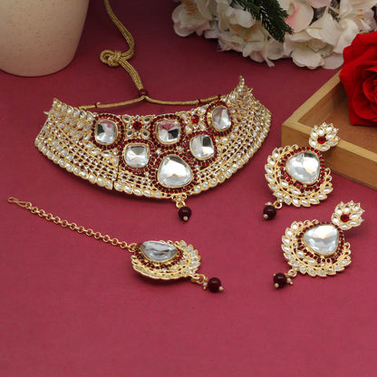 Maroon Color Choker Kundan Necklace Set (KN1124MRN) - preyans.com