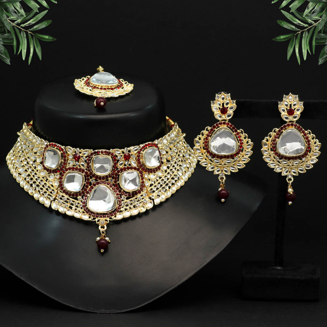 Maroon Color Choker Kundan Necklace Set (KN1124MRN) - preyans.com