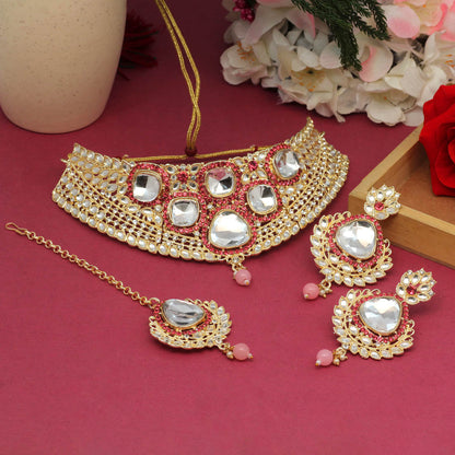 Pink Color Choker Kundan Necklace Set (KN1124PNK) - preyans.com