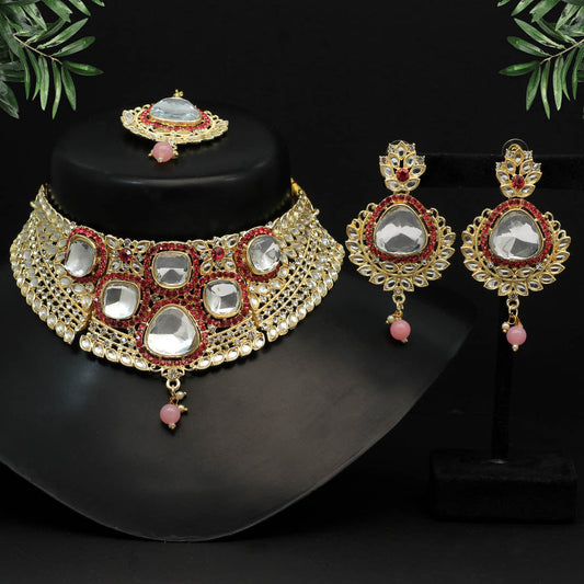 Pink Color Choker Kundan Necklace Set (KN1124PNK) - preyans.com