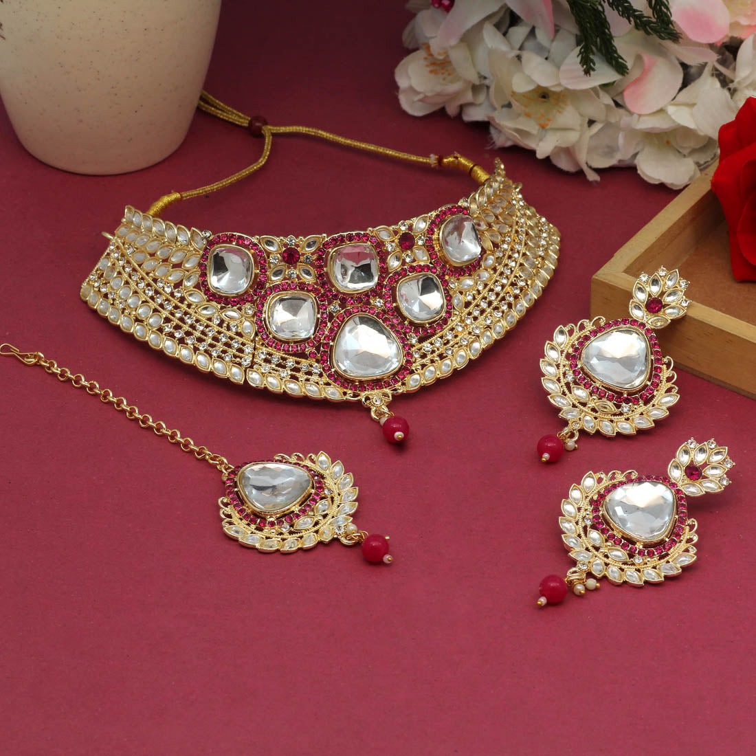 Rani Color Choker Kundan Necklace Set (KN1124RNI) - preyans.com