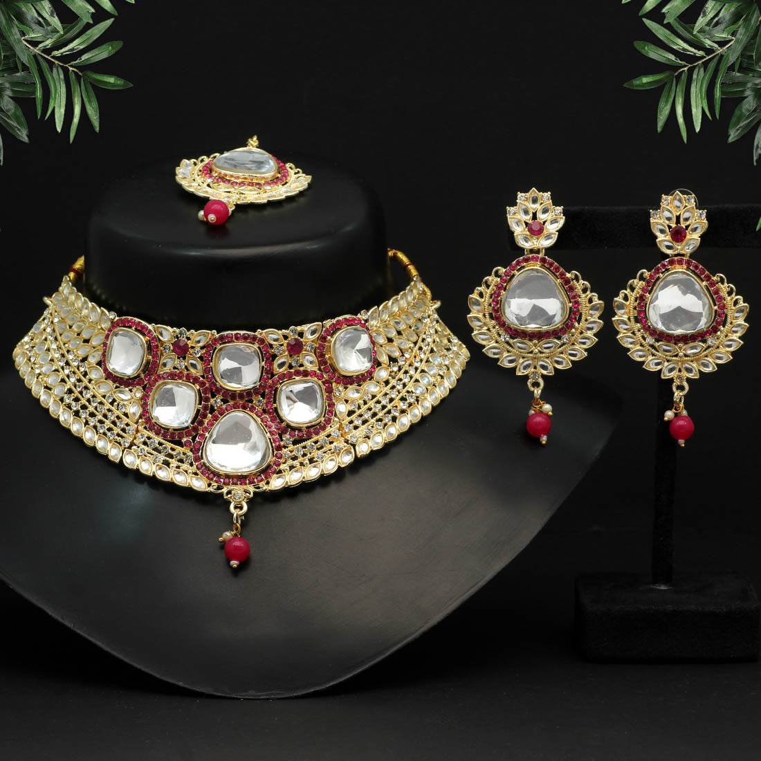 Rani Color Choker Kundan Necklace Set (KN1124RNI) - preyans.com