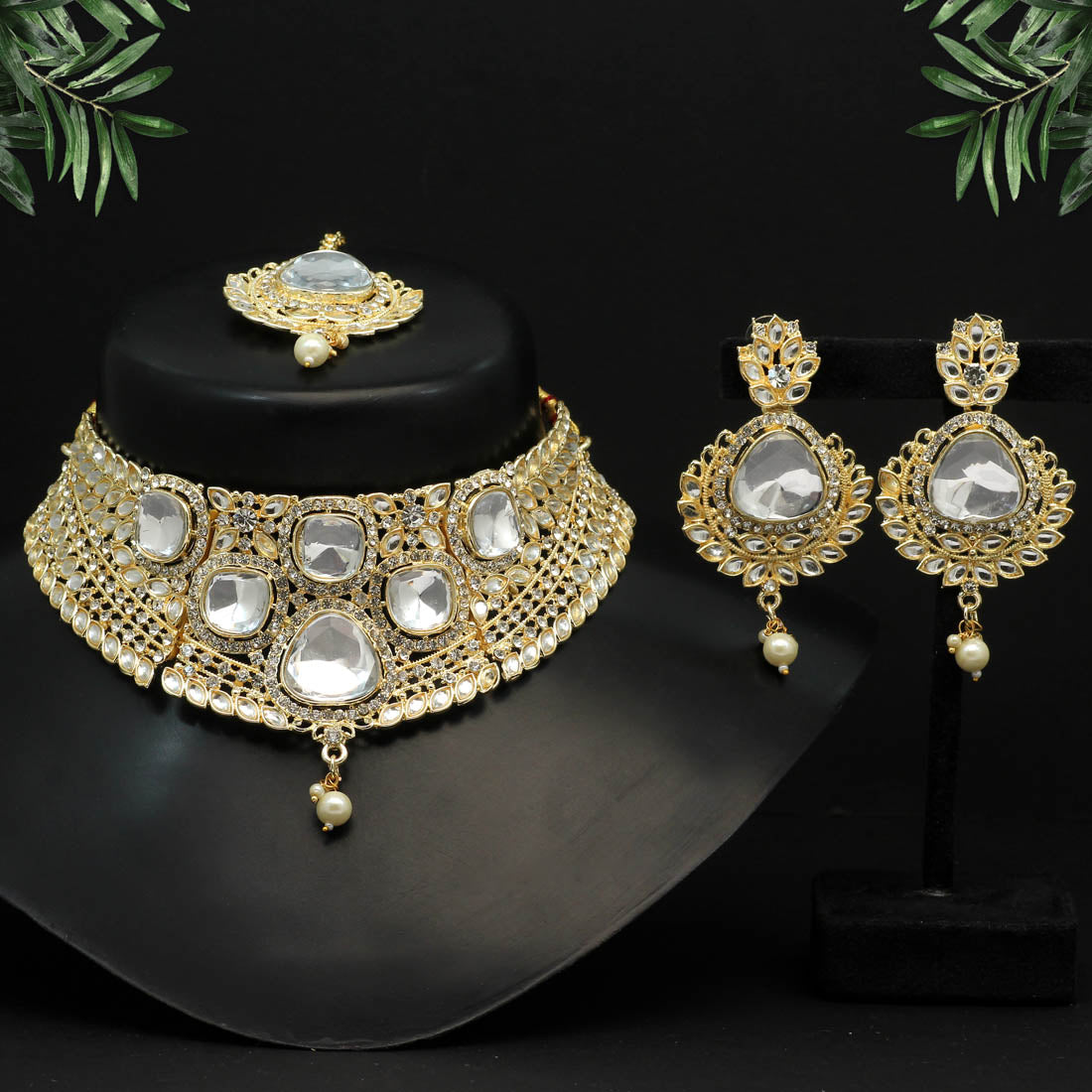 White Color Choker Kundan Necklace Set (KN1124WHT) - preyans.com