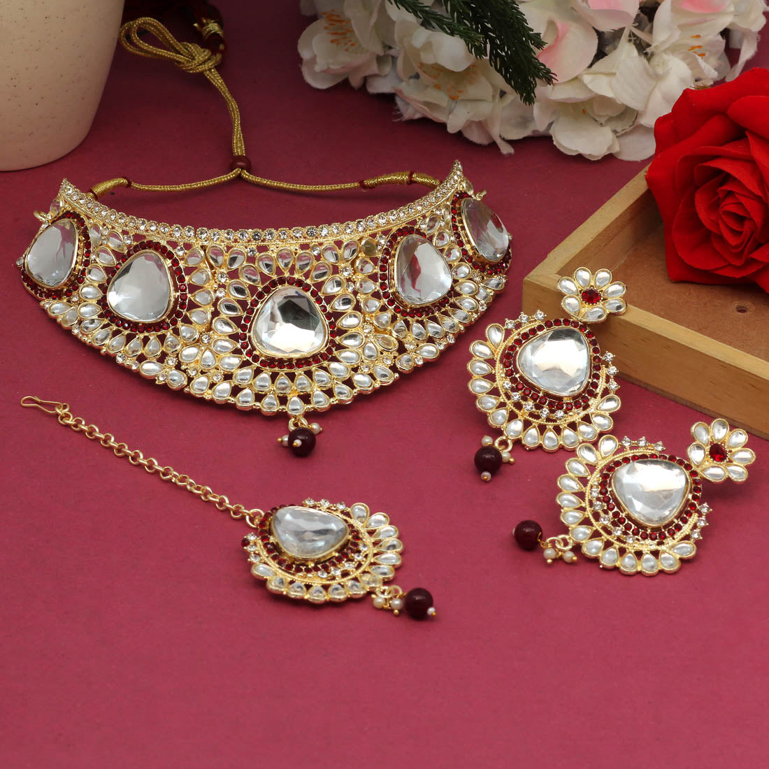 Maroon Color Choker Kundan Necklace Set (KN1125MRN) - preyans.com