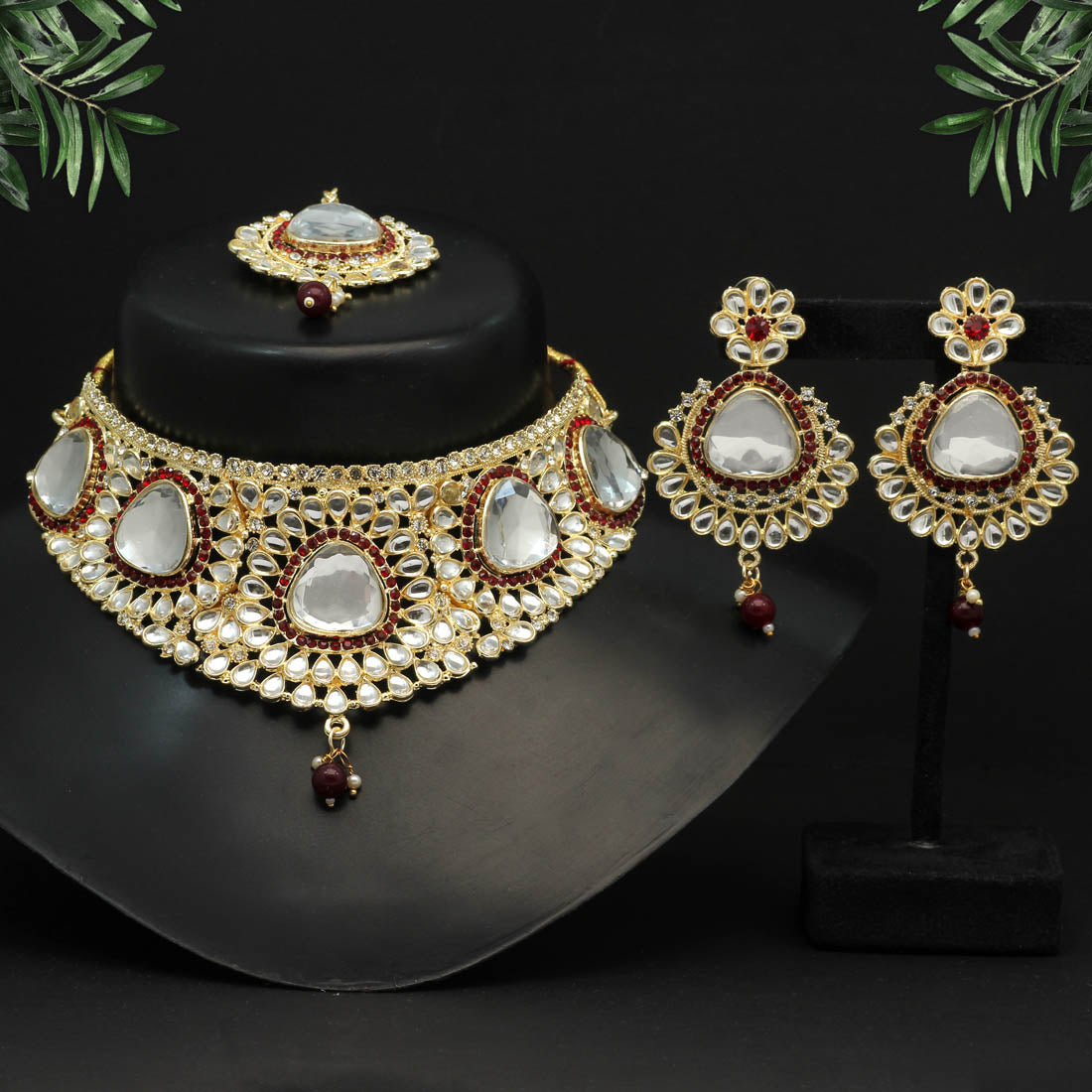 Maroon Color Choker Kundan Necklace Set (KN1125MRN) - preyans.com