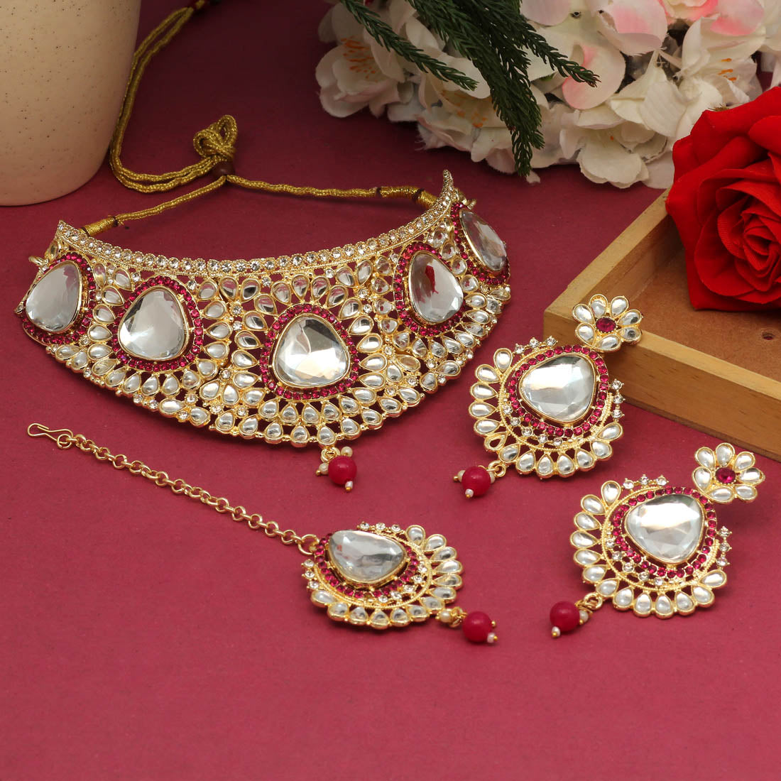 Rani Color Choker Kundan Necklace Set (KN1125RNI) - preyans.com