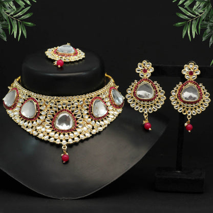 Rani Color Choker Kundan Necklace Set (KN1125RNI) - preyans.com