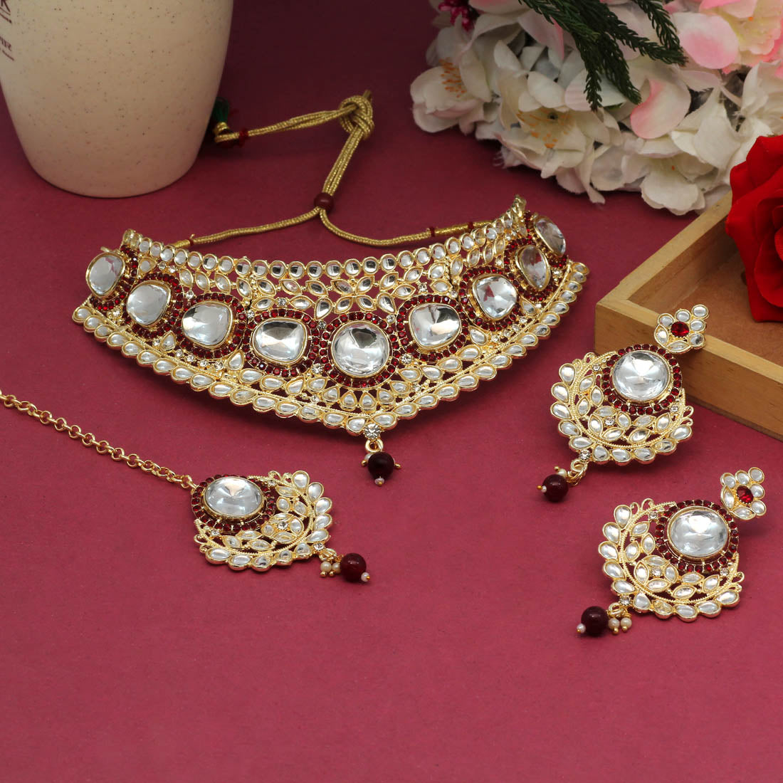 Maroon Color Choker Kundan Necklace Set (KN1126MRN) - preyans.com