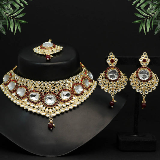 Maroon Color Choker Kundan Necklace Set (KN1126MRN) - preyans.com