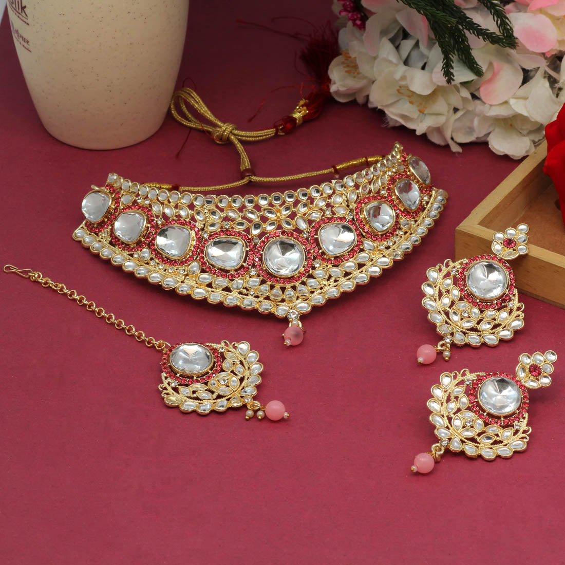 Pink Color Choker Kundan Necklace Set (KN1126PNK) - preyans.com