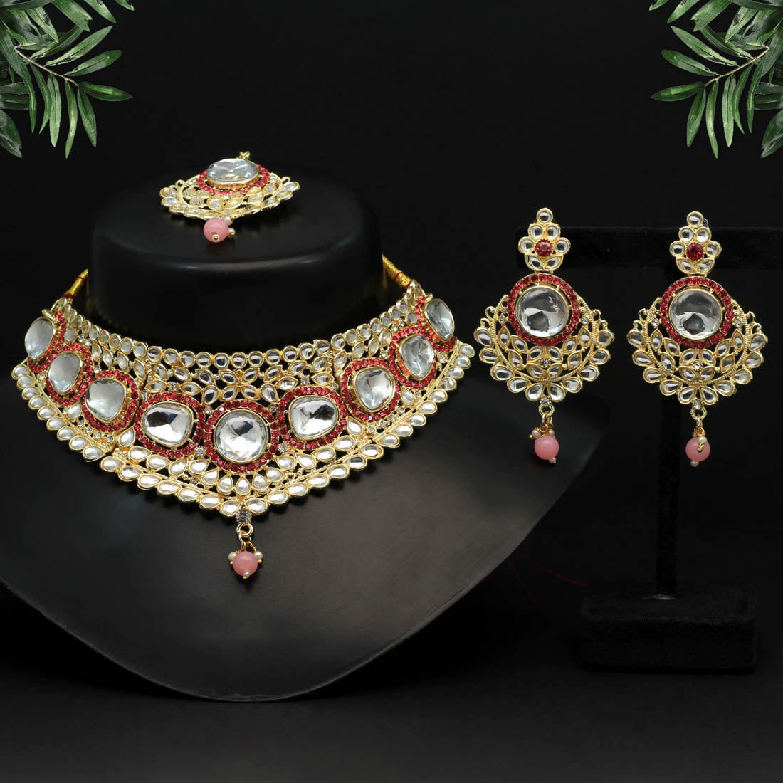 Pink Color Choker Kundan Necklace Set (KN1126PNK) - preyans.com