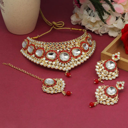 Red Color Choker Kundan Necklace Set (KN1126RED) - preyans.com