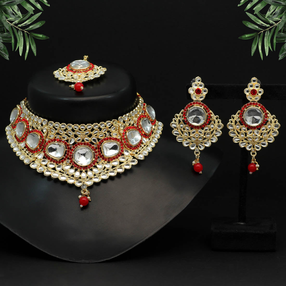 Red Color Choker Kundan Necklace Set (KN1126RED) - preyans.com