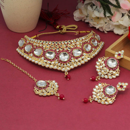 Rani Color Choker Kundan Necklace Set (KN1126RNI) - preyans.com