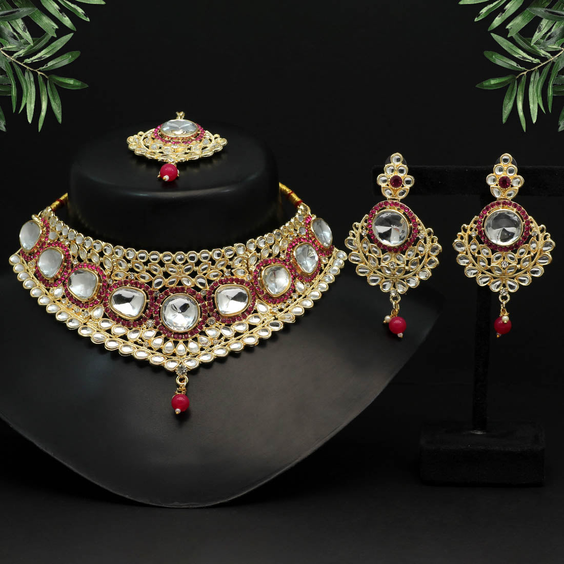 Rani Color Choker Kundan Necklace Set (KN1126RNI) - preyans.com