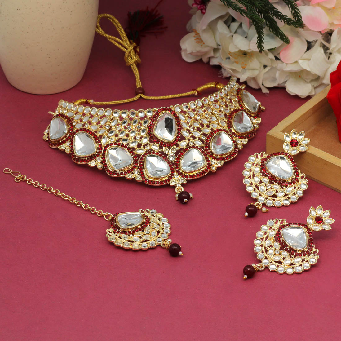 Maroon Color Choker Kundan Necklace Set (KN1127MRN) - preyans.com