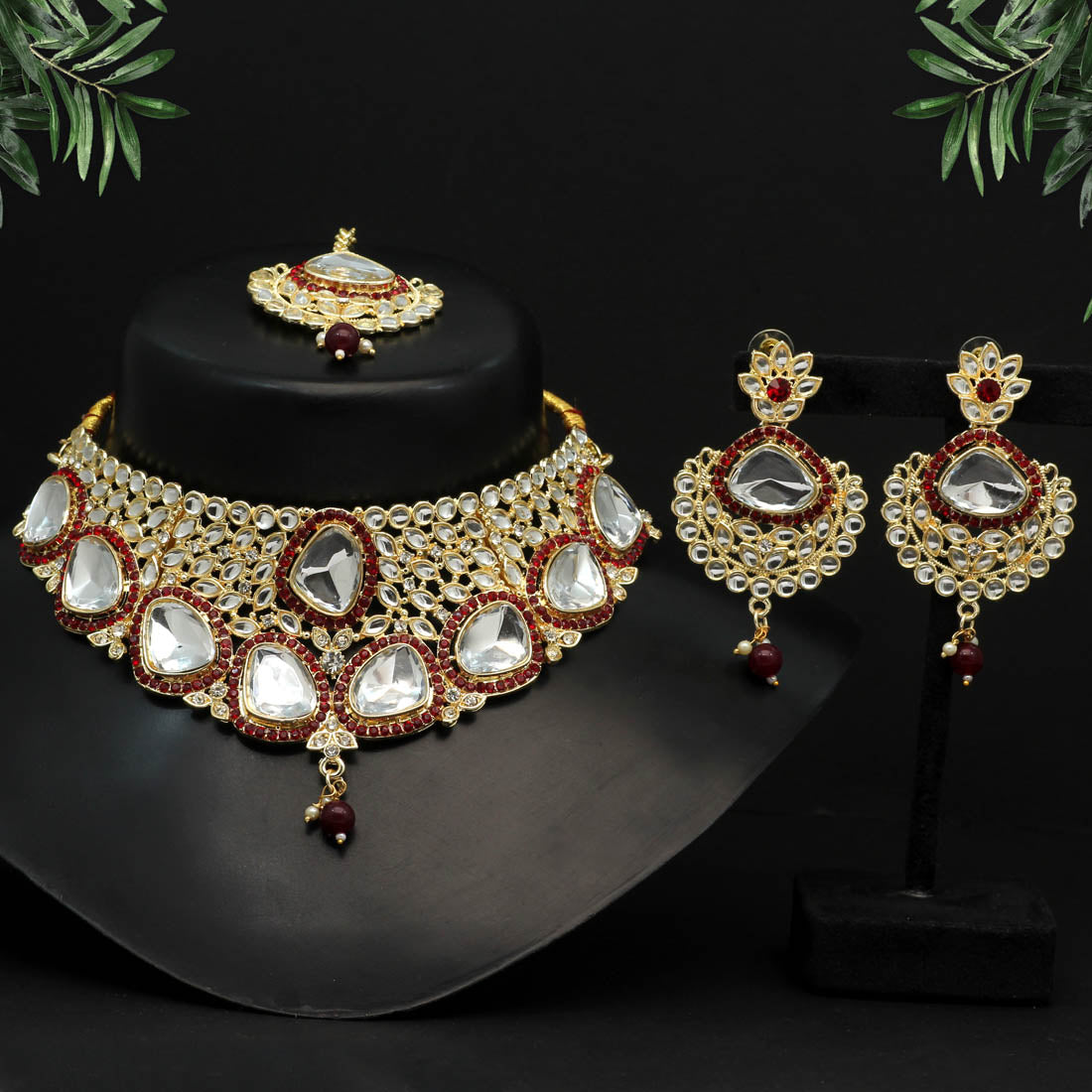 Maroon Color Choker Kundan Necklace Set (KN1127MRN) - preyans.com