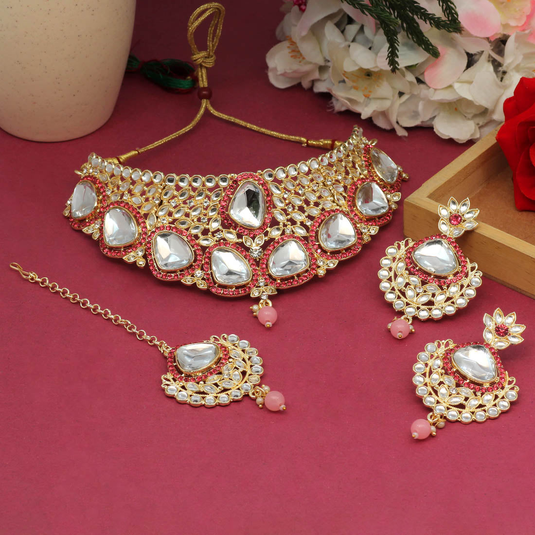 Pink Color Choker Kundan Necklace Set (KN1127PNK) - preyans.com