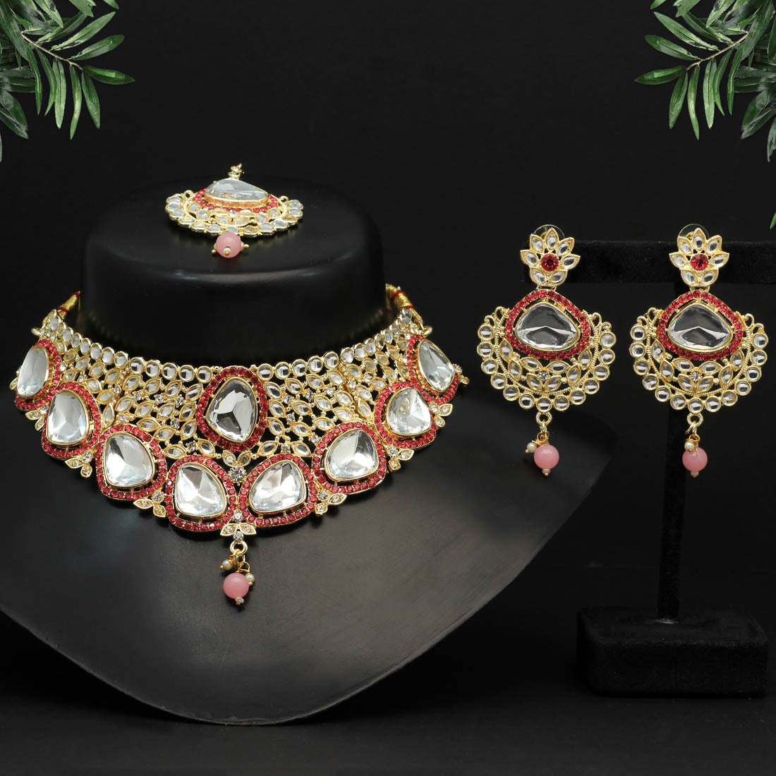 Pink Color Choker Kundan Necklace Set (KN1127PNK) - preyans.com