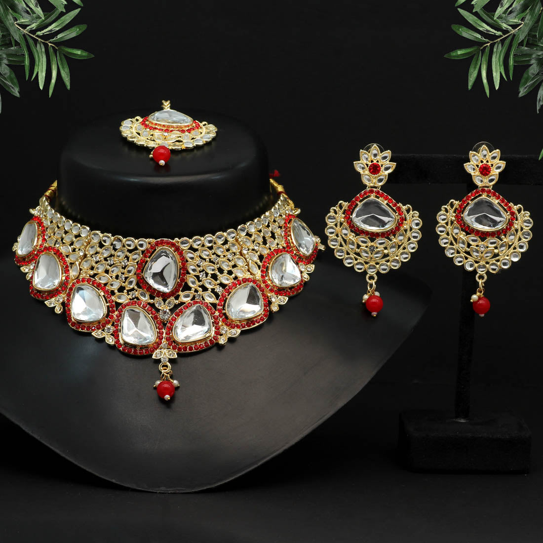 Red Color Choker Kundan Necklace Set (KN1127RED) - preyans.com