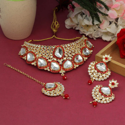 Red Color Choker Kundan Necklace Set (KN1127RED) - preyans.com