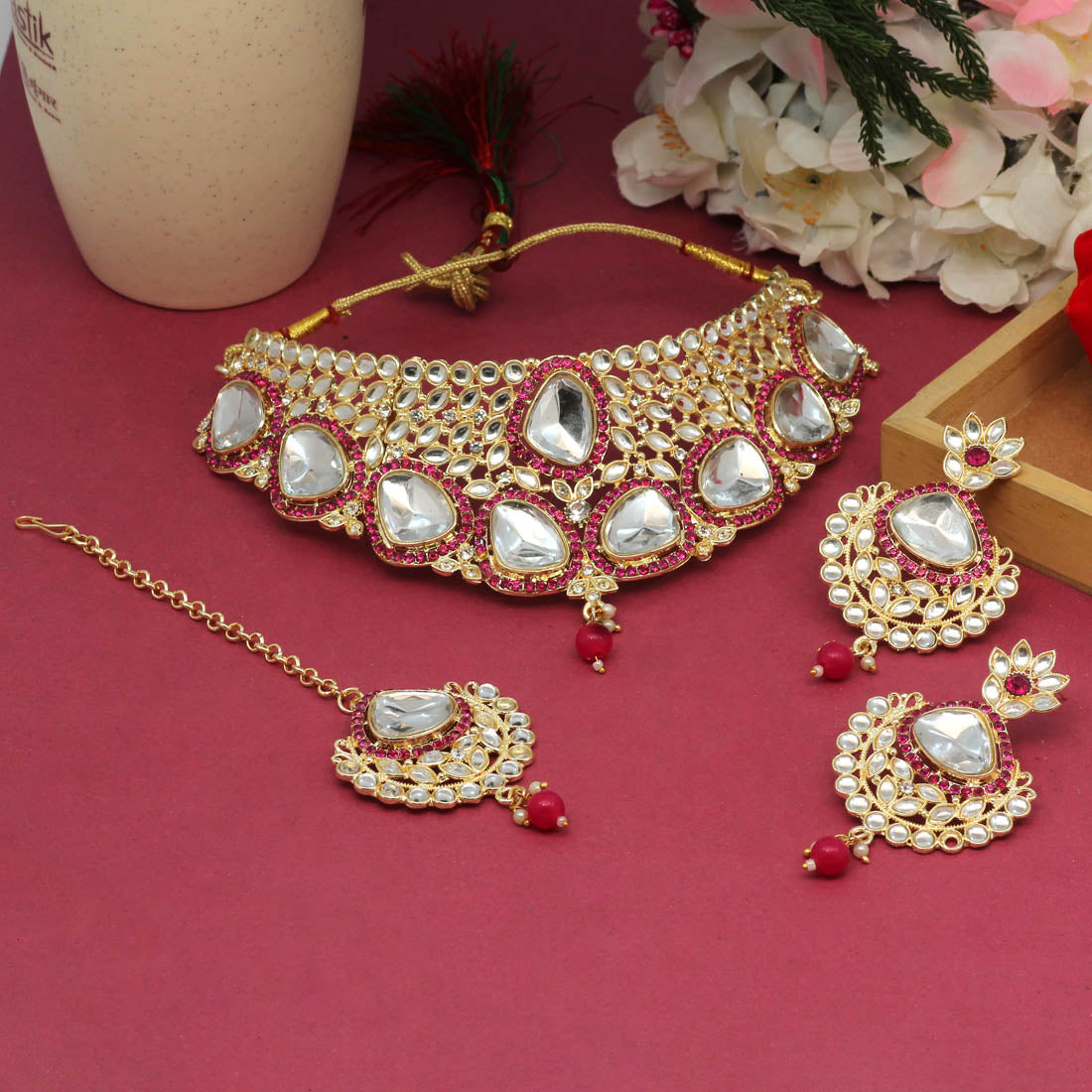 Rani Color Choker Kundan Necklace Set (KN1127RNI) - preyans.com