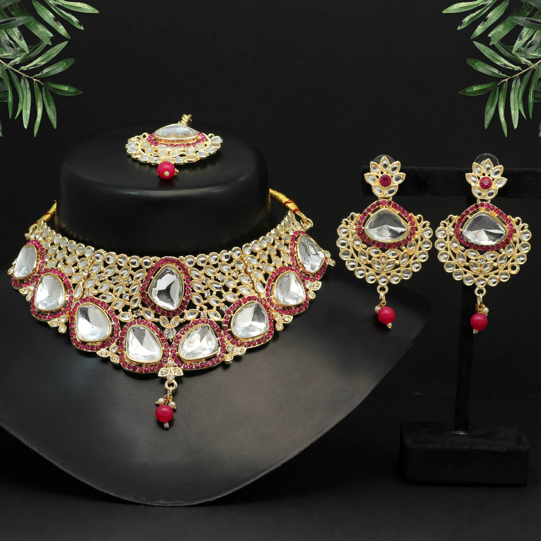 Rani Color Choker Kundan Necklace Set (KN1127RNI) - preyans.com