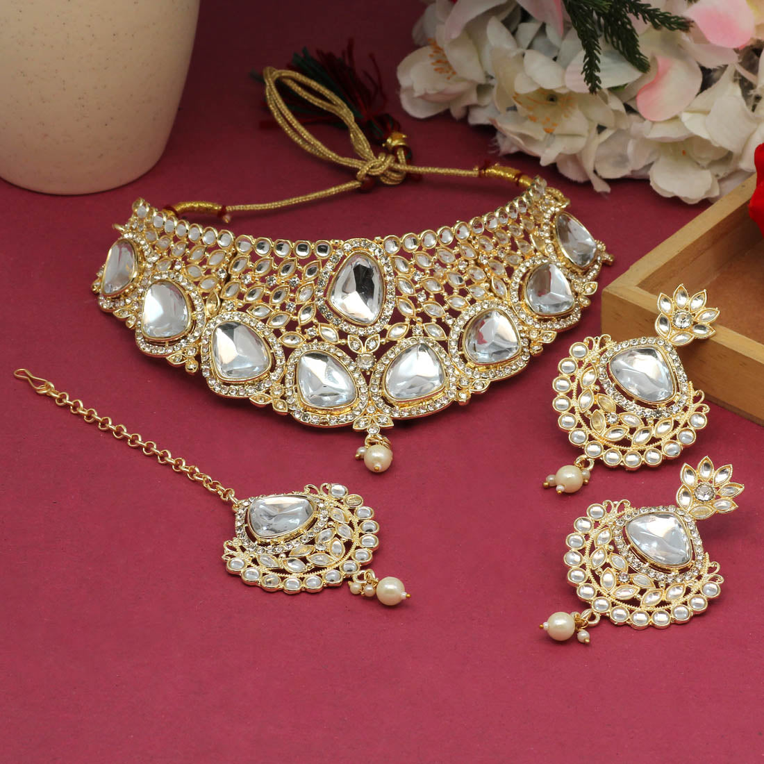 White Color Choker Kundan Necklace Set (KN1127WHT) - preyans.com