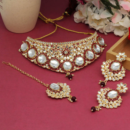 Maroon Color Choker Kundan Necklace Set (KN1128MRN) - preyans.com