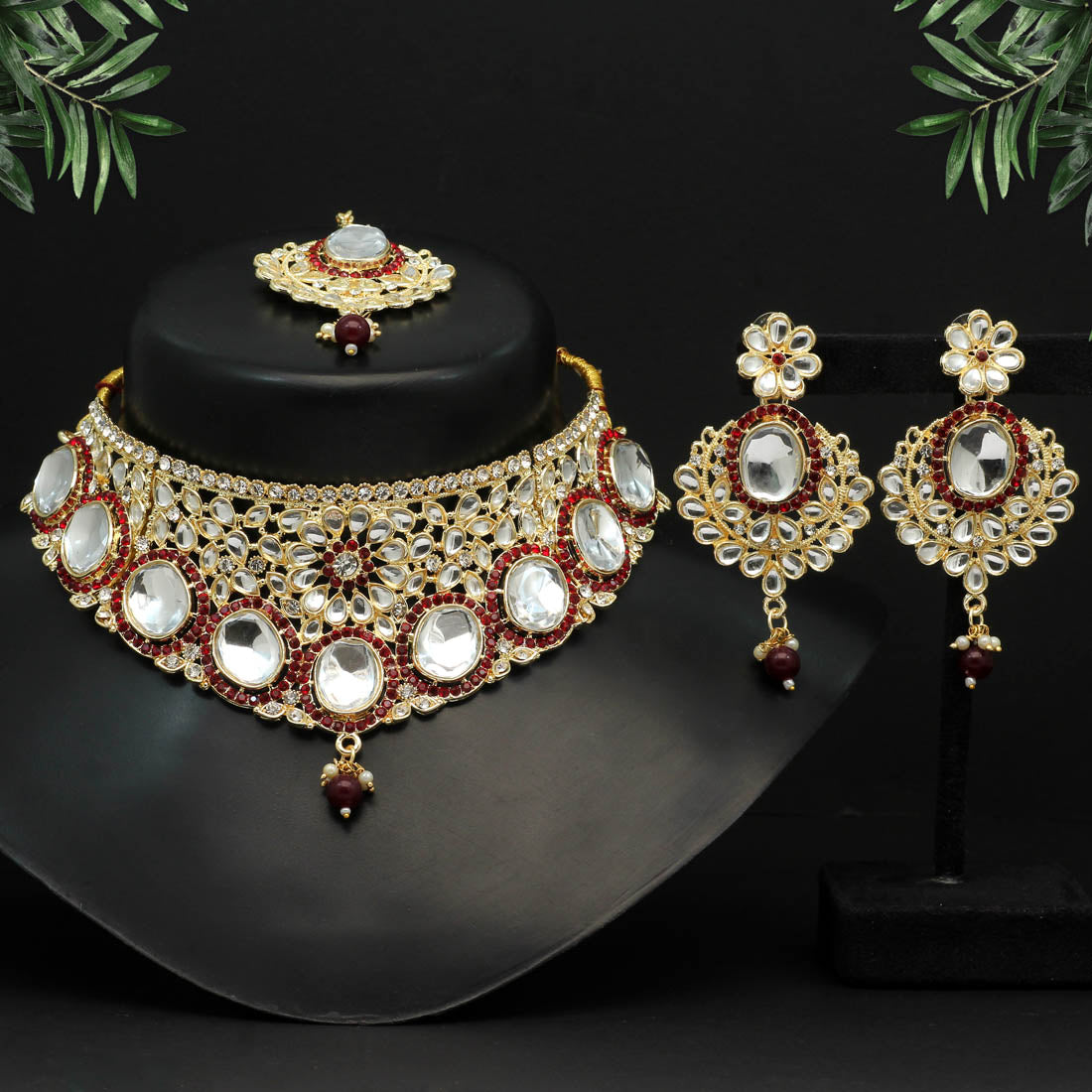 Maroon Color Choker Kundan Necklace Set (KN1128MRN) - preyans.com