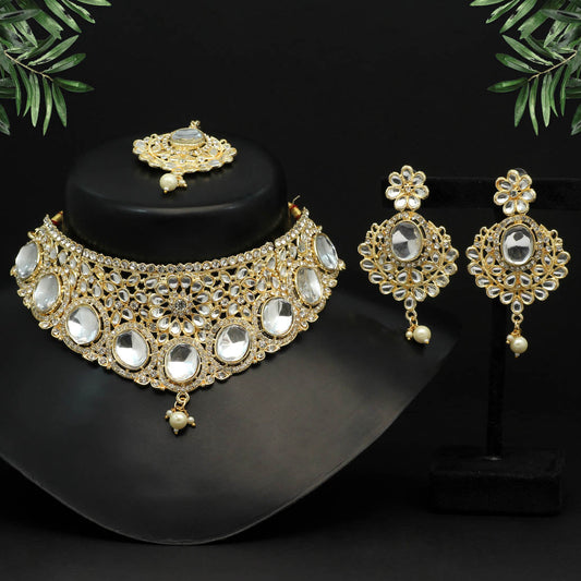 White Color Choker Kundan Necklace Set (KN1128WHT) - preyans.com