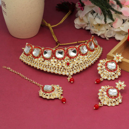 Red Color Choker Kundan Necklace Set (KN1129RED) - preyans.com