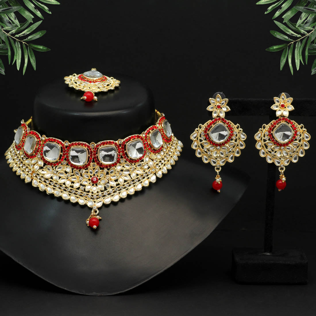 Red Color Choker Kundan Necklace Set (KN1129RED) - preyans.com