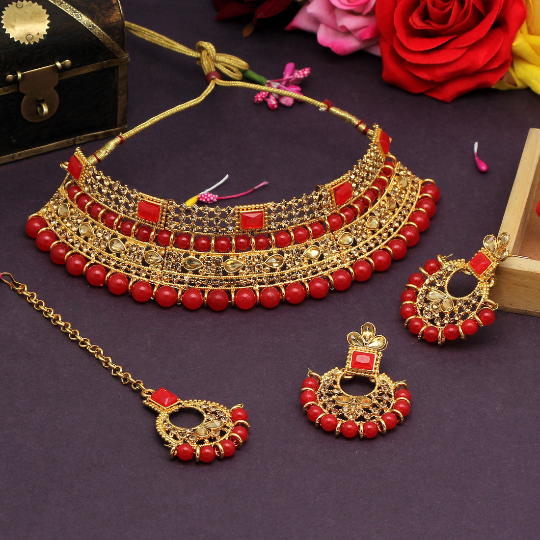 Red Color Choker Kundan Necklace Set (KN1149RED) - preyans.com