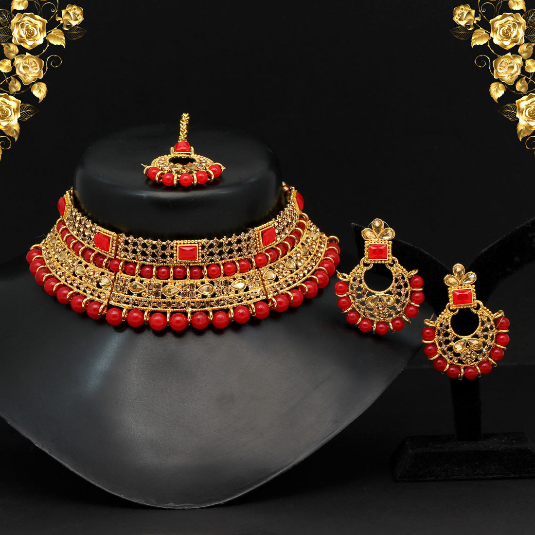 Red Color Choker Kundan Necklace Set (KN1149RED) - preyans.com