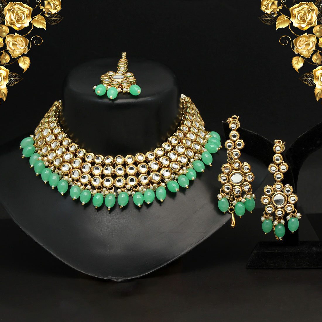 Parrot Green Color (Back Side) Meena Work Choker Kundan Necklace Set (KN1180PGRN) - preyans.com