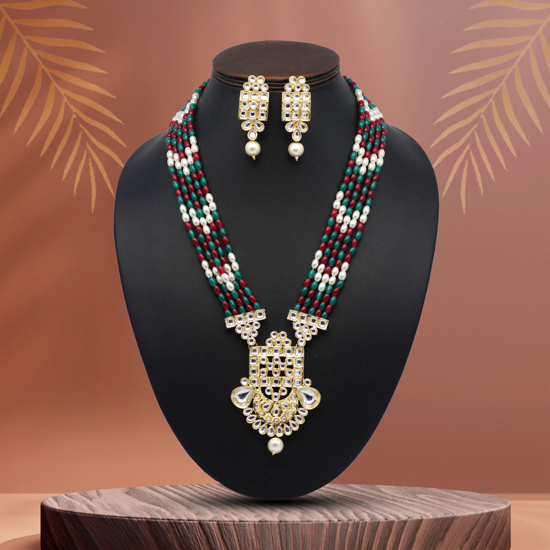 Rani & Green Color Kundan Long Necklace Set ( KN1200RNIGRN) - preyans.com