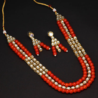 Orange Color Kundan Necklace Set (KN121ORG) - preyans.com