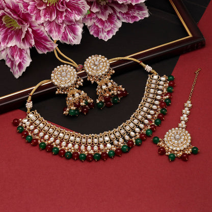 Maroon & Green Color Choker Kundan Necklace Set (KN1312MG) - preyans.com