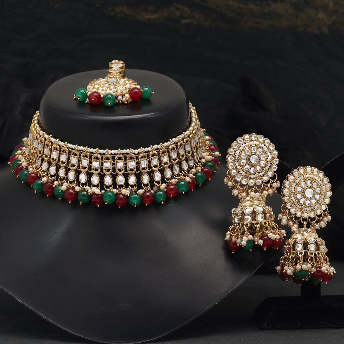 Maroon & Green Color Choker Kundan Necklace Set (KN1312MG) - preyans.com