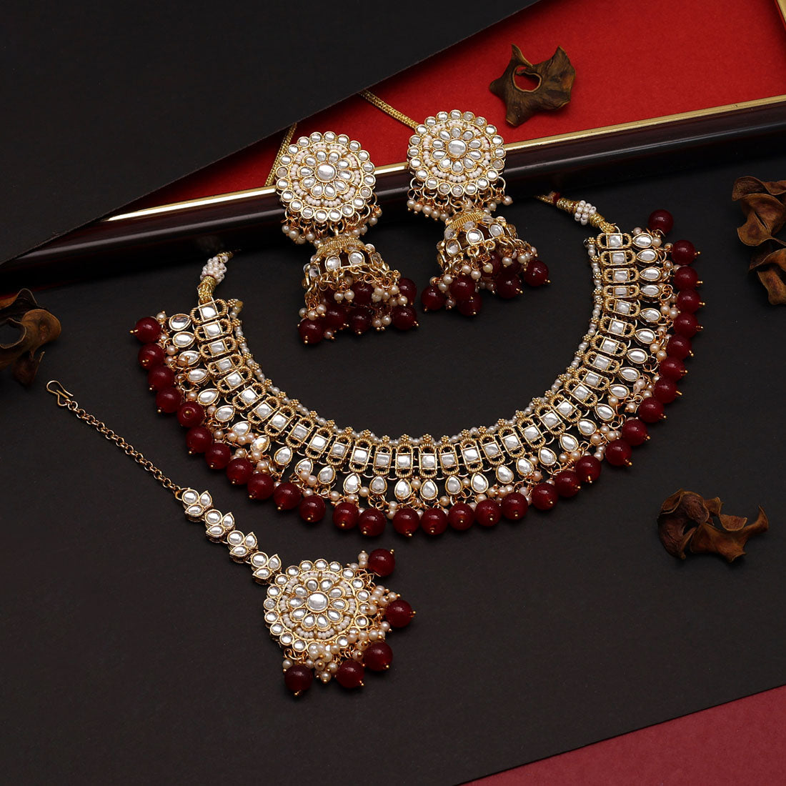 Maroon Color Choker Kundan Necklace Set (KN1312MRN) - preyans.com