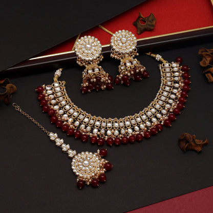 Maroon Color Choker Kundan Necklace Set (KN1312MRN) - preyans.com