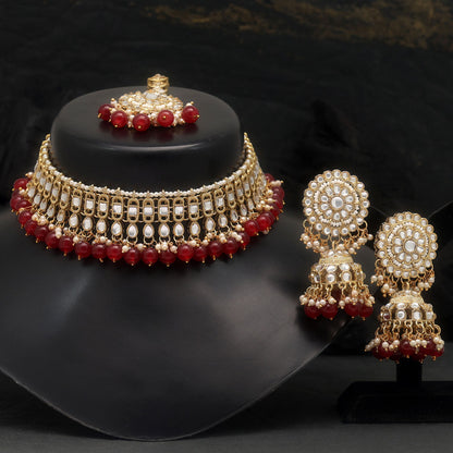 Maroon Color Choker Kundan Necklace Set (KN1312MRN) - preyans.com