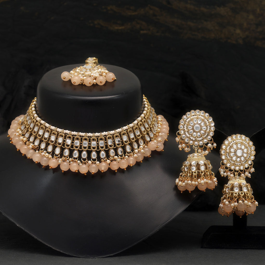 Peach Color Choker Kundan Necklace Set (KN1312PCH) - preyans.com